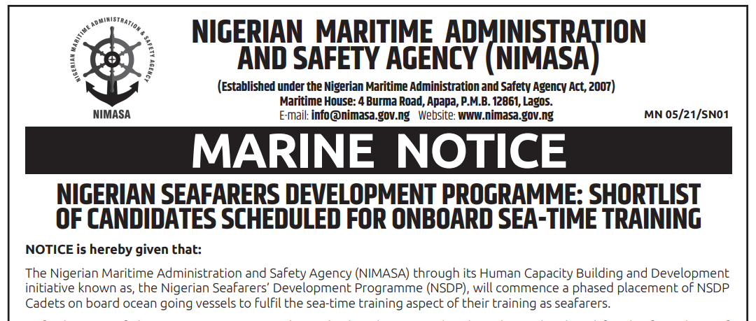 NIGERIAN SEAFARERS DEVELOPMENT PROGRAMME: SHORTLIST OF CANDIDATES SCHEDULED FOR ONBOARD SEA-TIME TRAINING