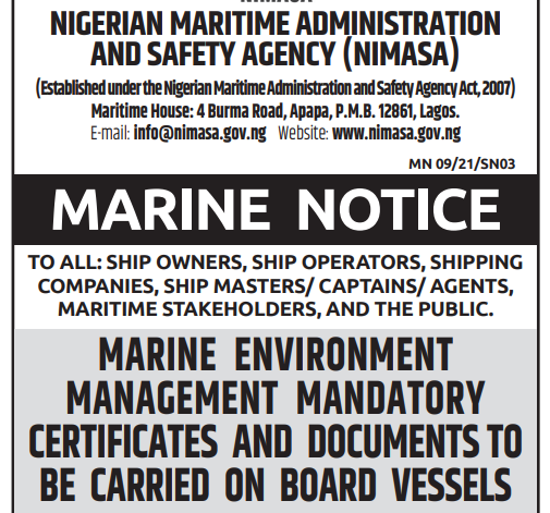 MARINE ENVIRONMENT MANAGEMENT MANDATORY CERTIFICATES AND DOCUMENTS TO BE CARRIED ON BOARD VESSELS