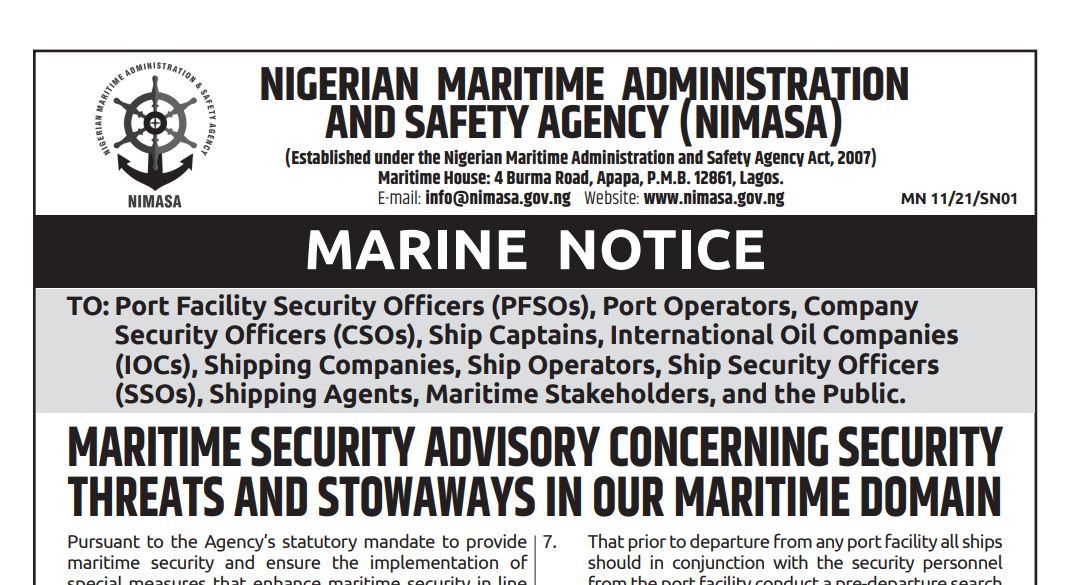 MARITIME SECURITY ADVISORY CONCERNING SECURITY THREATS AND STOWAWAYS IN OUR MARITIME DOMAIN