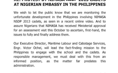 RE: PROTEST BY NIMASA NSDP 2013 CADETS AT NIGERIAN EMBASSY IN THE PHILIPPINES
