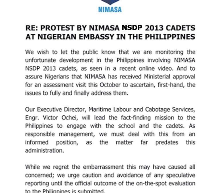 RE: PROTEST BY NIMASA NSDP 2013 CADETS AT NIGERIAN EMBASSY IN THE PHILIPPINES