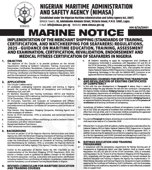 Marine Notice on Implementation of the Merchant Shipping Regulations