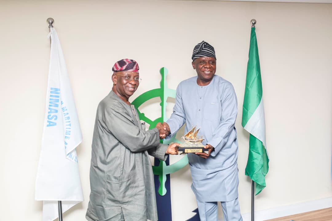 R-L: Executive Director, Operation, Nigerian Maritime Administration and Safety Agency, NIMASA Engr. Fatai Adeyemi; making a presentation to the Chairman, Management Committee of Mission to Seafarers (MtS) Lagos, Chief Adebayo Sarumi, OON, during a courtesy visit by the Chairman, Management Committee, Mission to Seafarers, Lagos to the headquarters of NIMASA in Lagos.