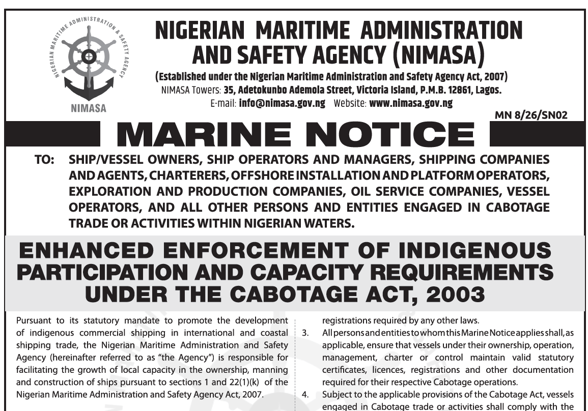 Marine Notice on Enhanced Enforcement of Indigenous Participation and Capacity Requirements under the Cabotage Act 2003